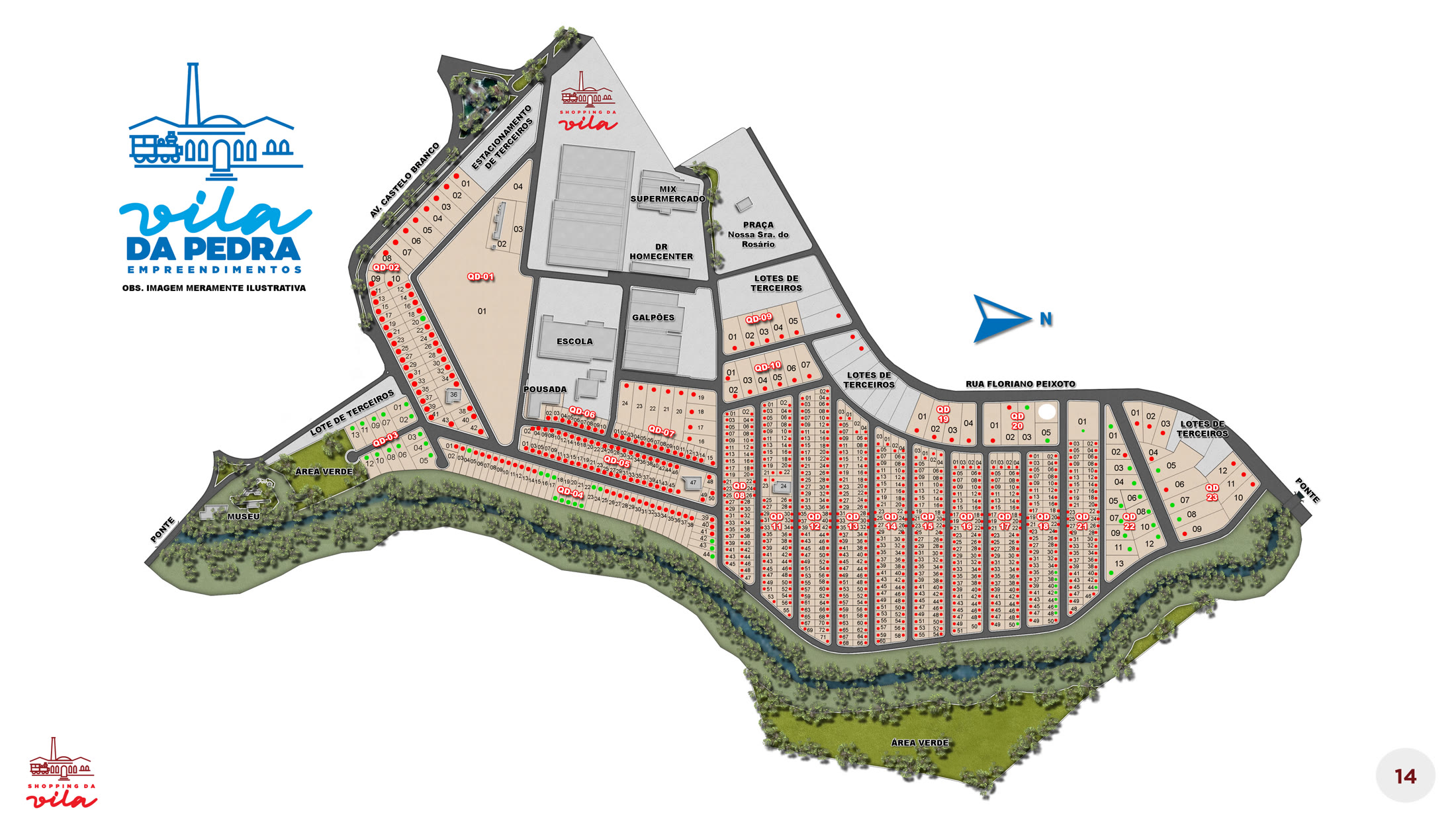 Mapa oficial das 23 quadras do Vila da Pedra com a disponibilidade dos lotes, o Shopping da Vila, a Av. Castelo Branco, a Rua Floriano Peixoto e as áreas verdes